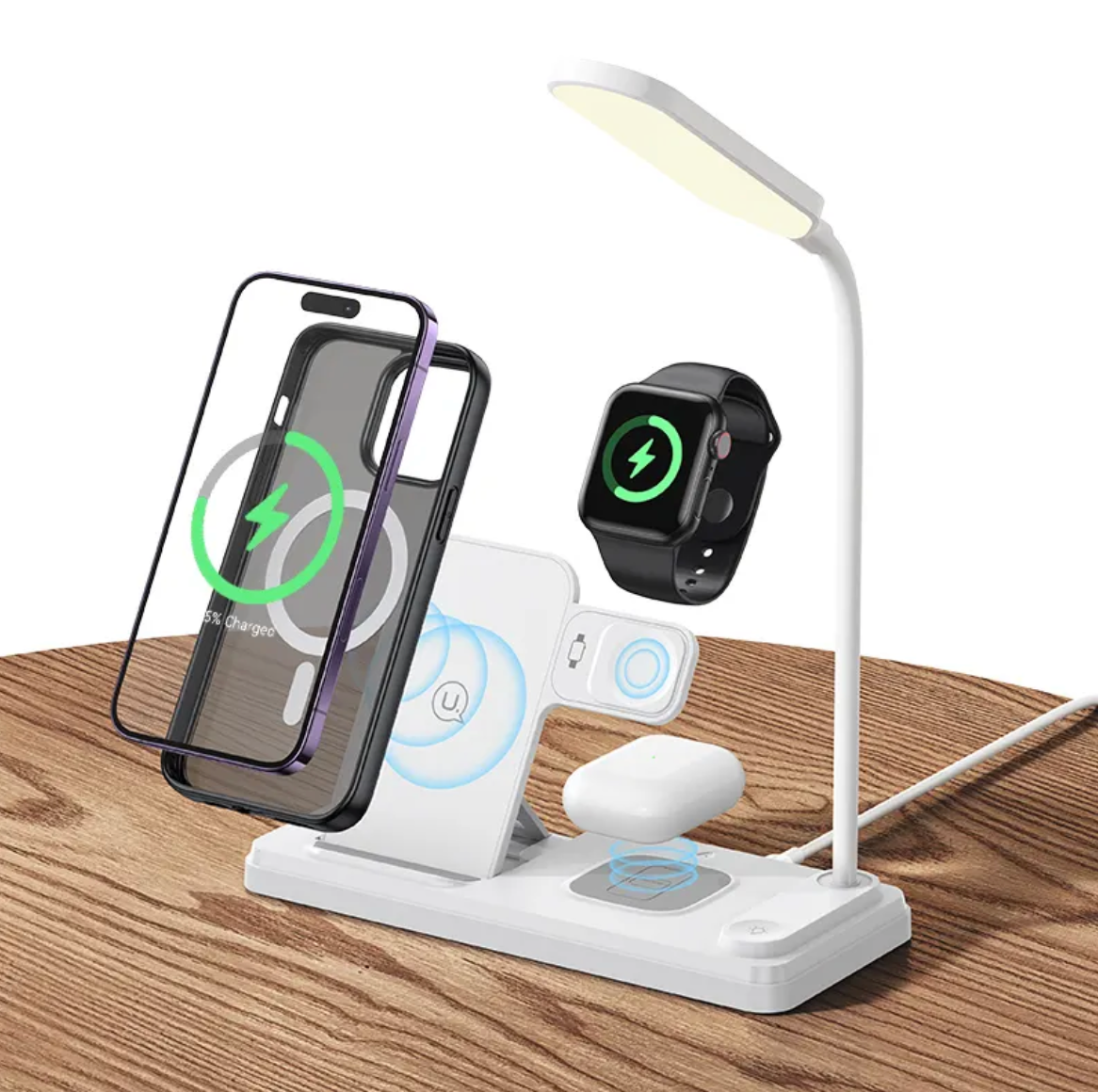 Station de Charge Sans Fil 3-en-1 avec Horloge Digitale et Lampe de Bureau