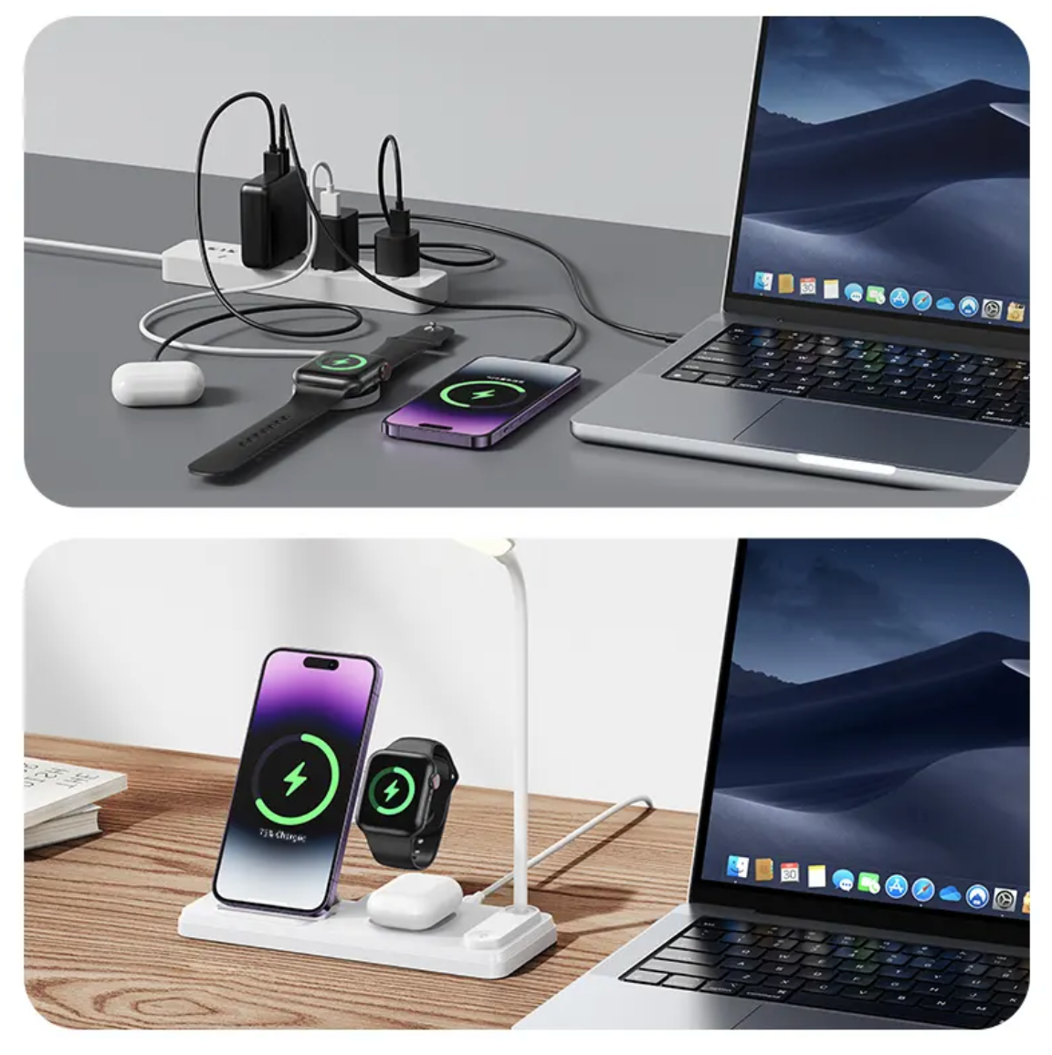 Station de Charge Sans Fil 3-en-1 avec Horloge Digitale et Lampe de Bureau