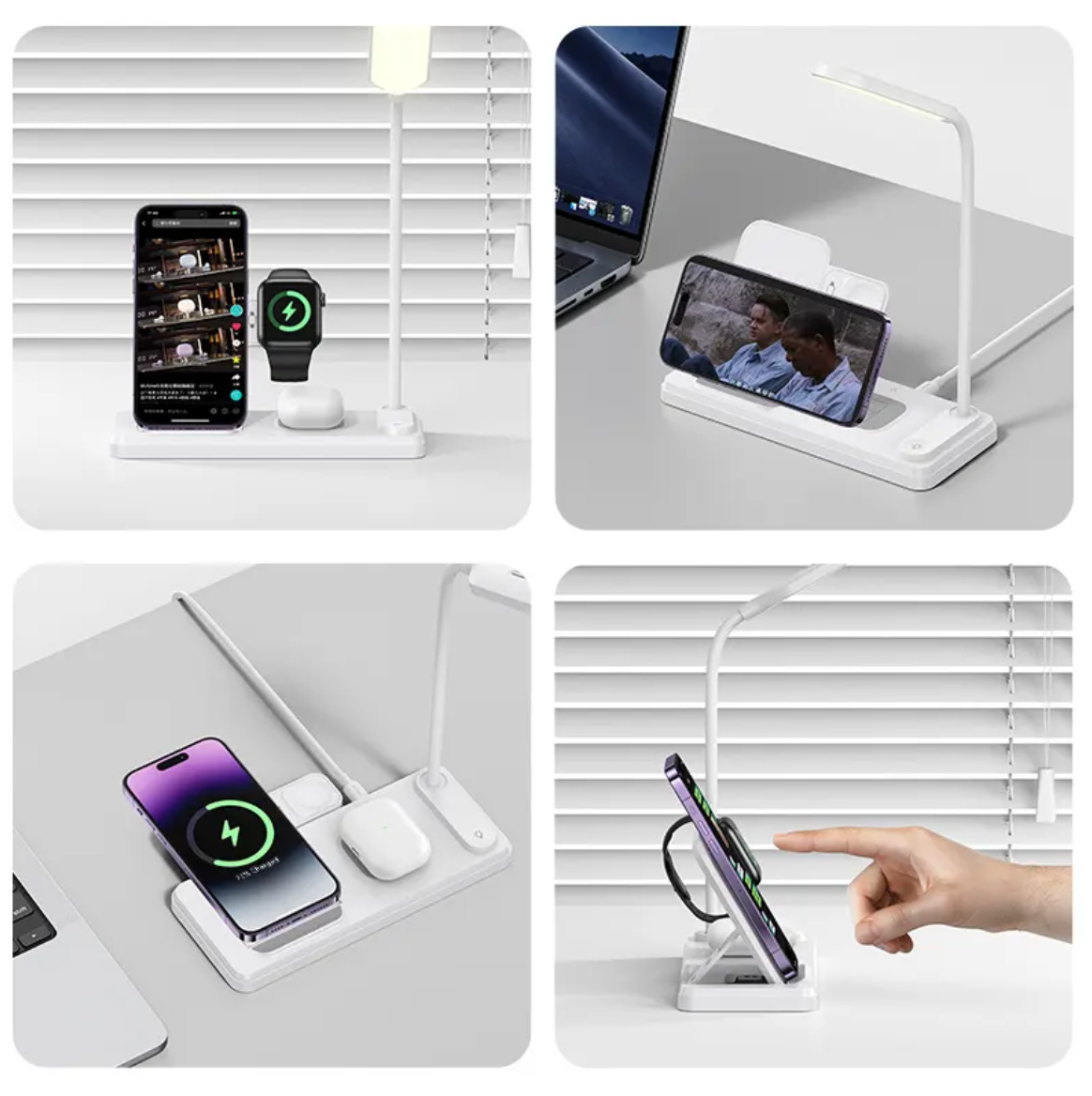 Station de Charge Sans Fil 3-en-1 avec Horloge Digitale et Lampe de Bureau