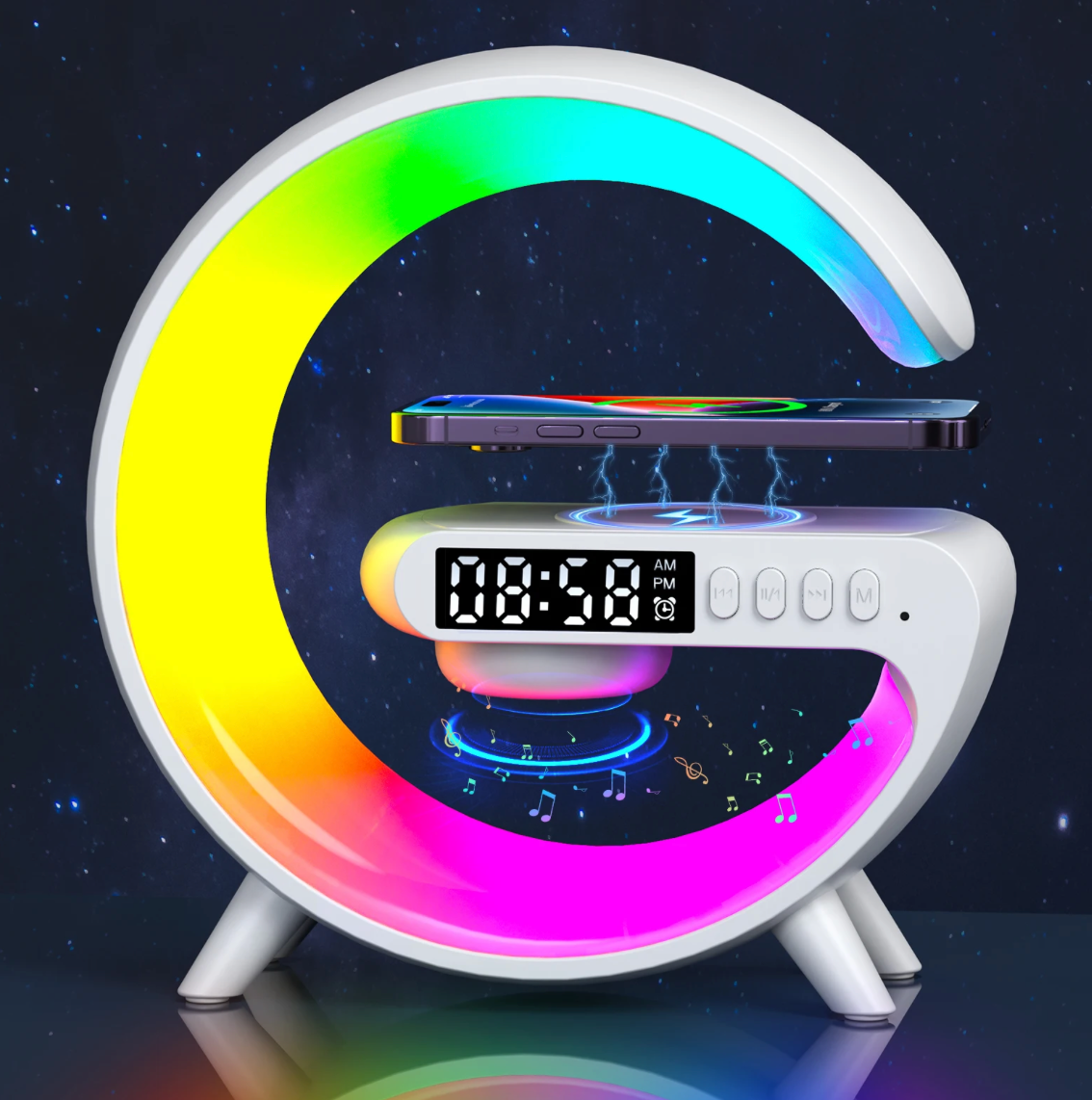 Haut-Parleur LED Multifonction – Charge Sans Fil & Support Téléphone