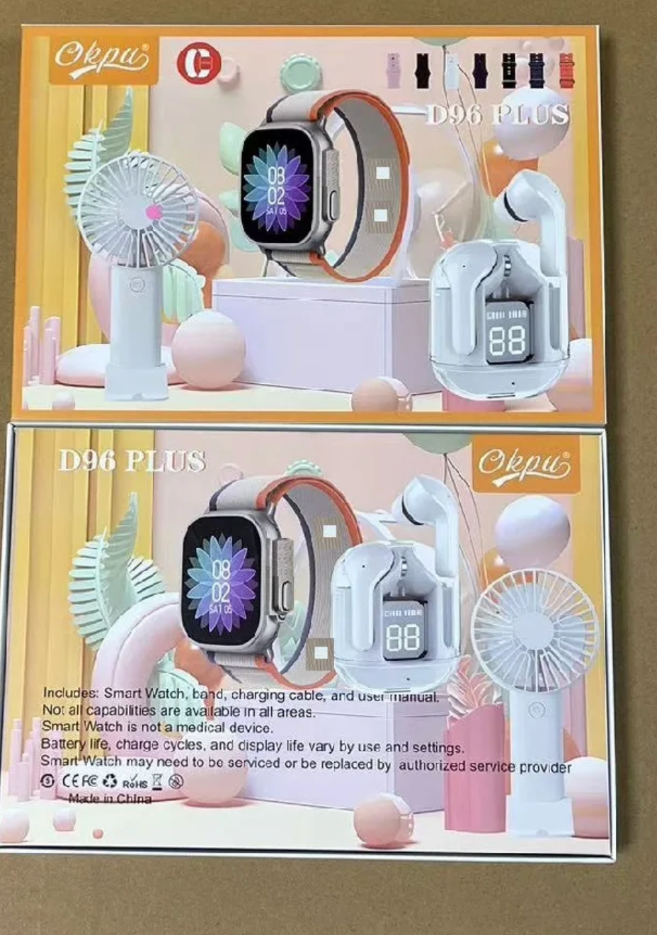 🛍️ Coffret High-Tech D96 PLUS – Montre Connectée, Écouteurs Sans Fil & Mini Ventilateur Rechargeable