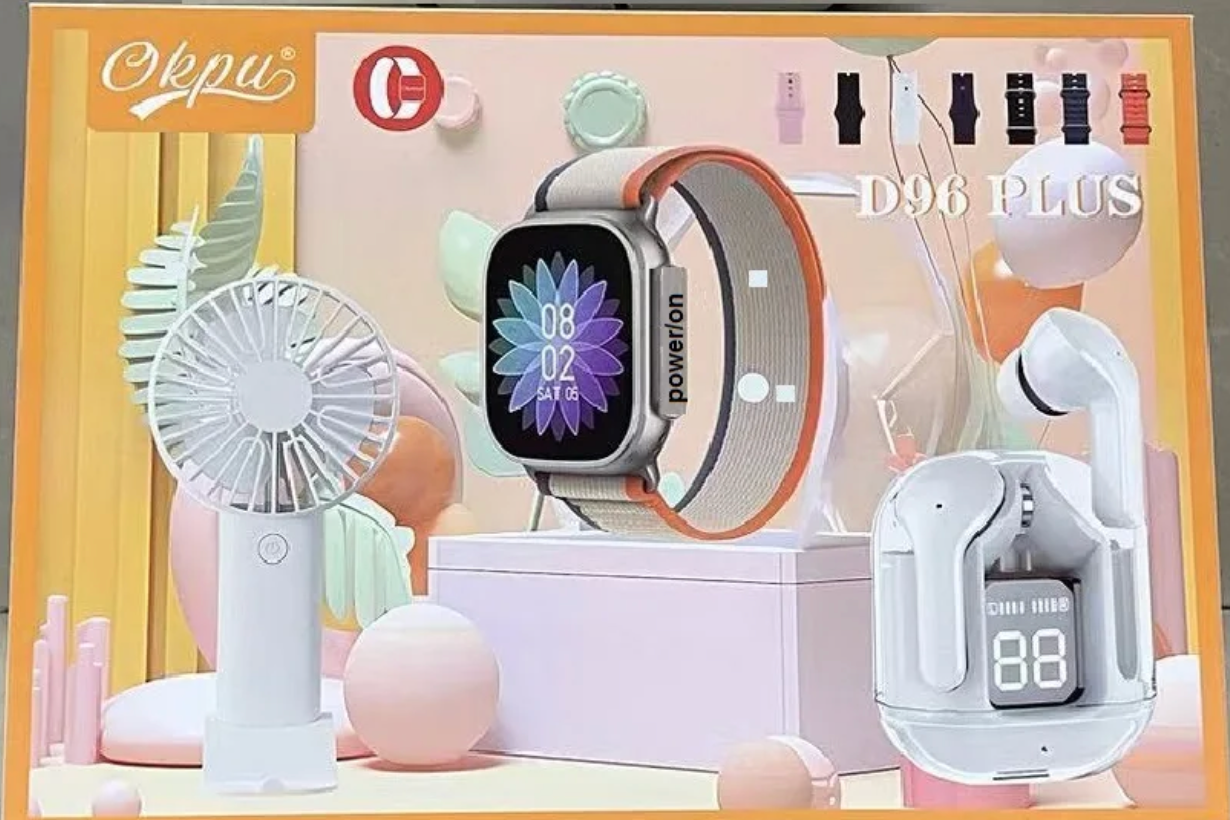 🛍️ Coffret High-Tech D96 PLUS – Montre Connectée, Écouteurs Sans Fil & Mini Ventilateur Rechargeable