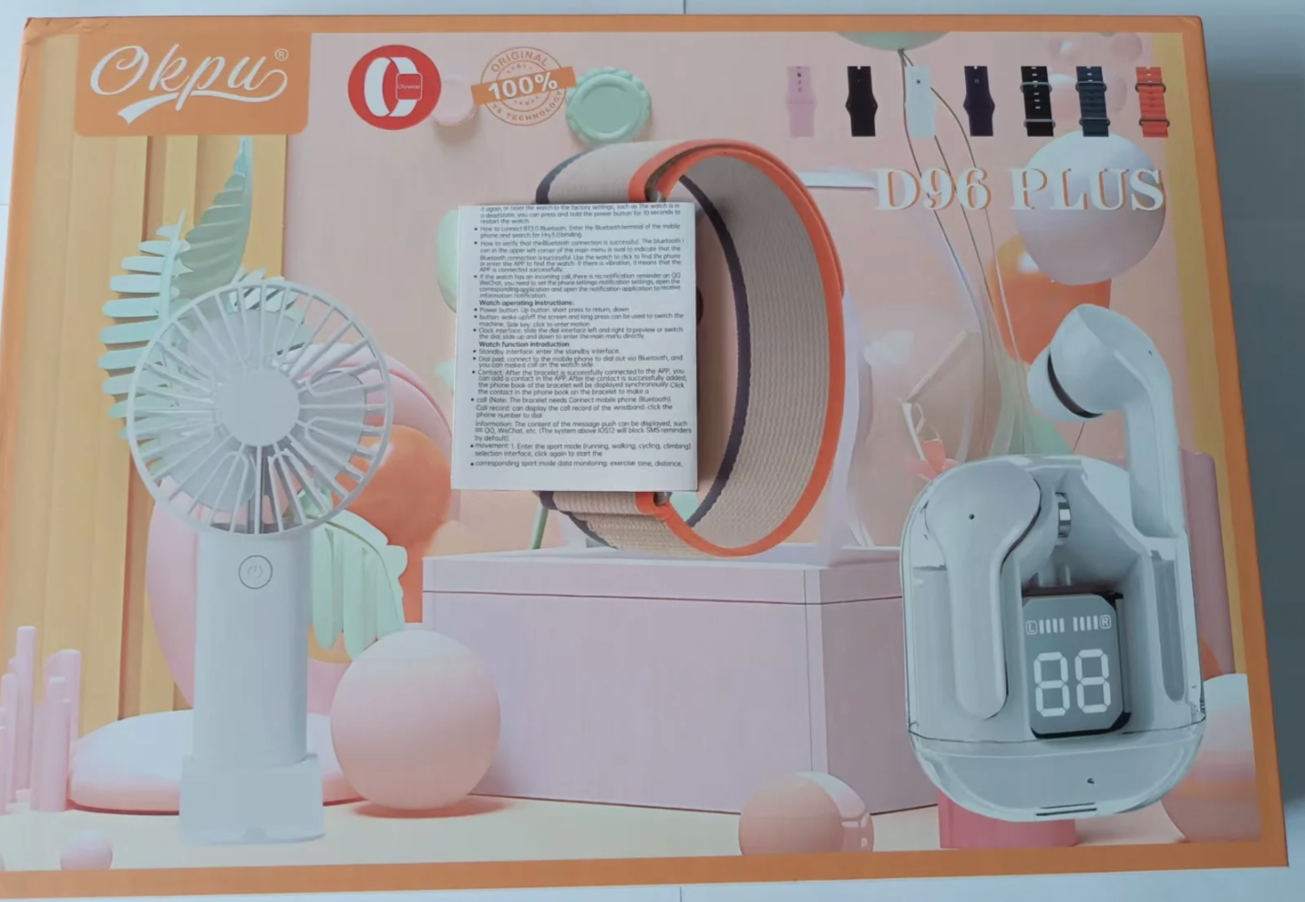 🛍️ Coffret High-Tech D96 PLUS – Montre Connectée, Écouteurs Sans Fil & Mini Ventilateur Rechargeable