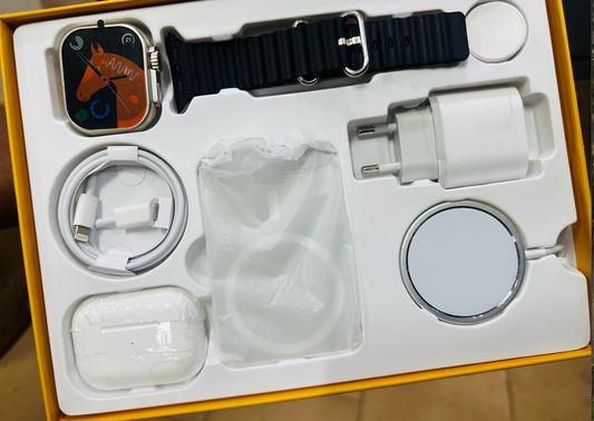 🧡 Coffret Montre Connectée + Écouteurs Sans Fil + Chargeurs – Édition Ultra Tech 🧡