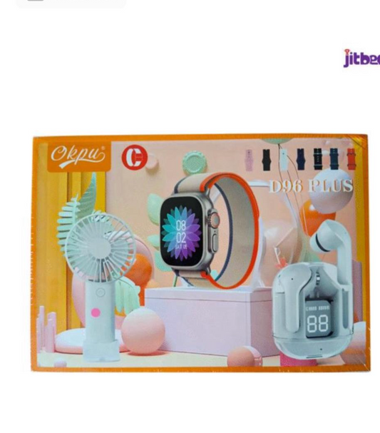 🛍️ Coffret High-Tech D96 PLUS – Montre Connectée, Écouteurs Sans Fil & Mini Ventilateur Rechargeable