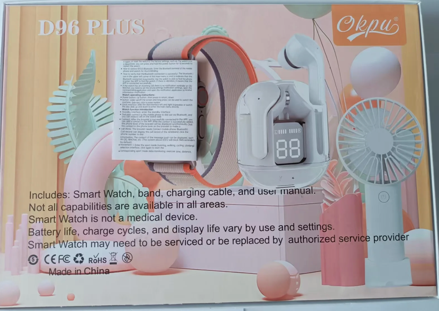 🛍️ Coffret High-Tech D96 PLUS – Montre Connectée, Écouteurs Sans Fil & Mini Ventilateur Rechargeable