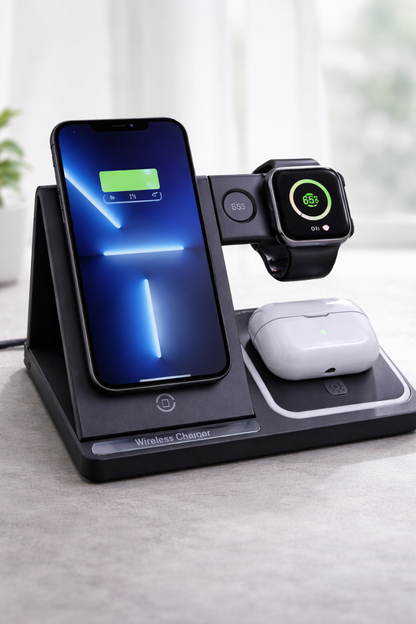 Station de Charge Sans Fil 3-en-1 avec Horloge Digitale et Lampe de Bureau