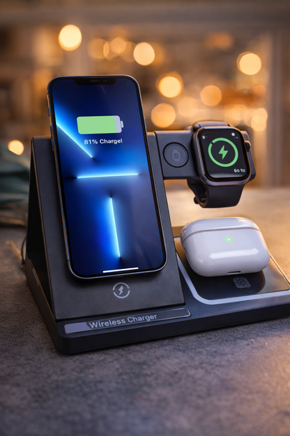 Station de Charge Sans Fil 3-en-1 avec Horloge Digitale et Lampe de Bureau