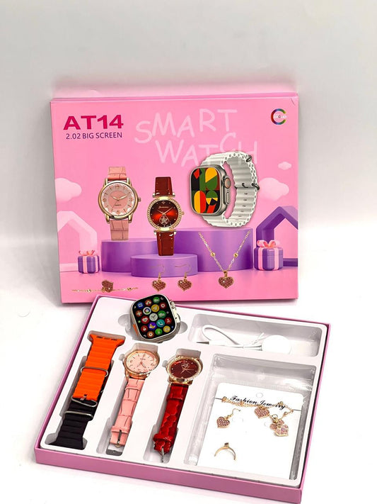 🎁 Box Cadeau AT13 – Montre Connectée 2.02’’ + 2 Montres Classiques + Bijoux de Luxe
