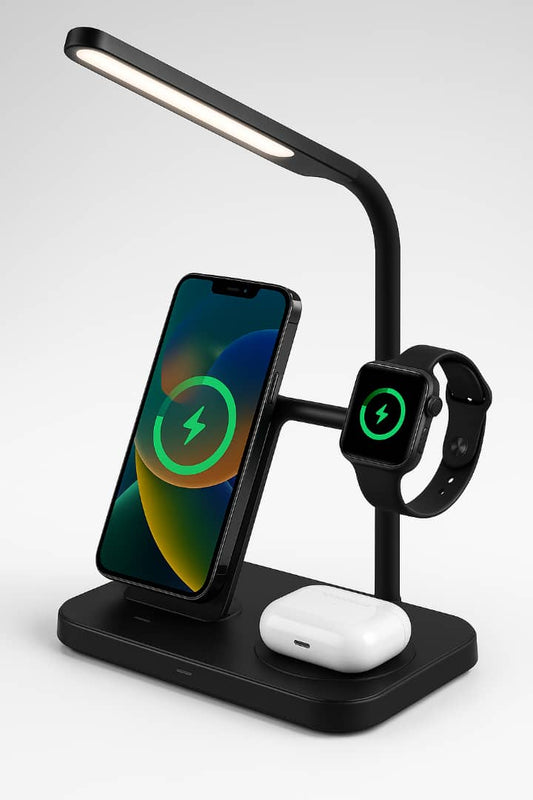 Station de Charge Sans Fil 3-en-1 avec Horloge Digitale et Lampe de Bureau
